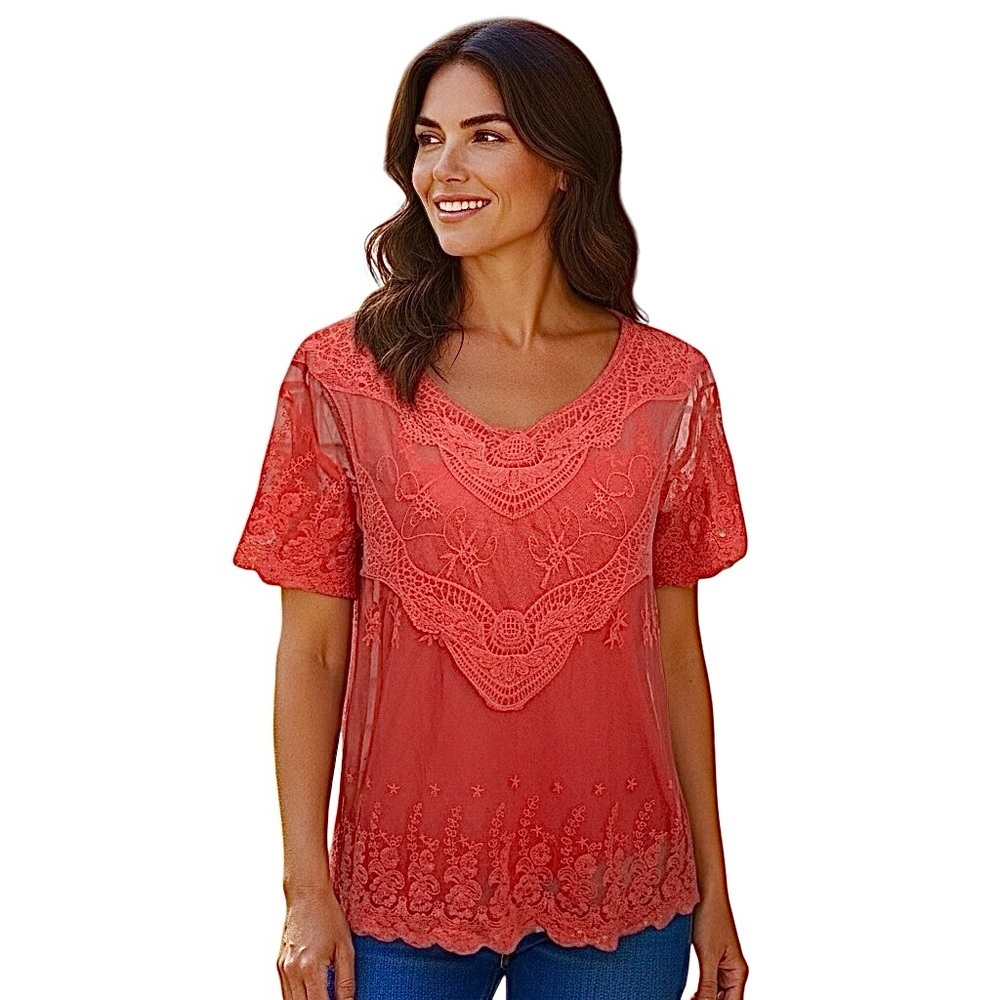 Sfera Coral Sheer Lace Embroidered Short Sleeve Top M